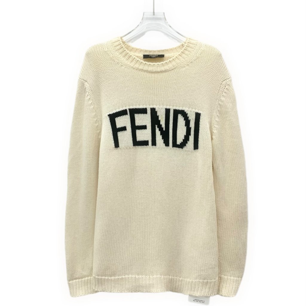 Fendi Off-White Logo Intarsia Wool Crewneck Long-Sleeve Knit Sweater